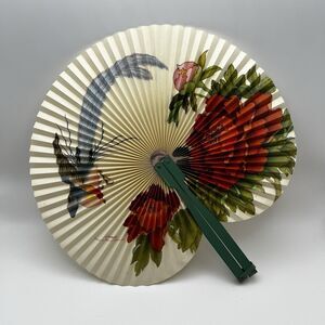 Vintage People's Republic of China Paper Metal Folding Hand Fan Floral & Bird